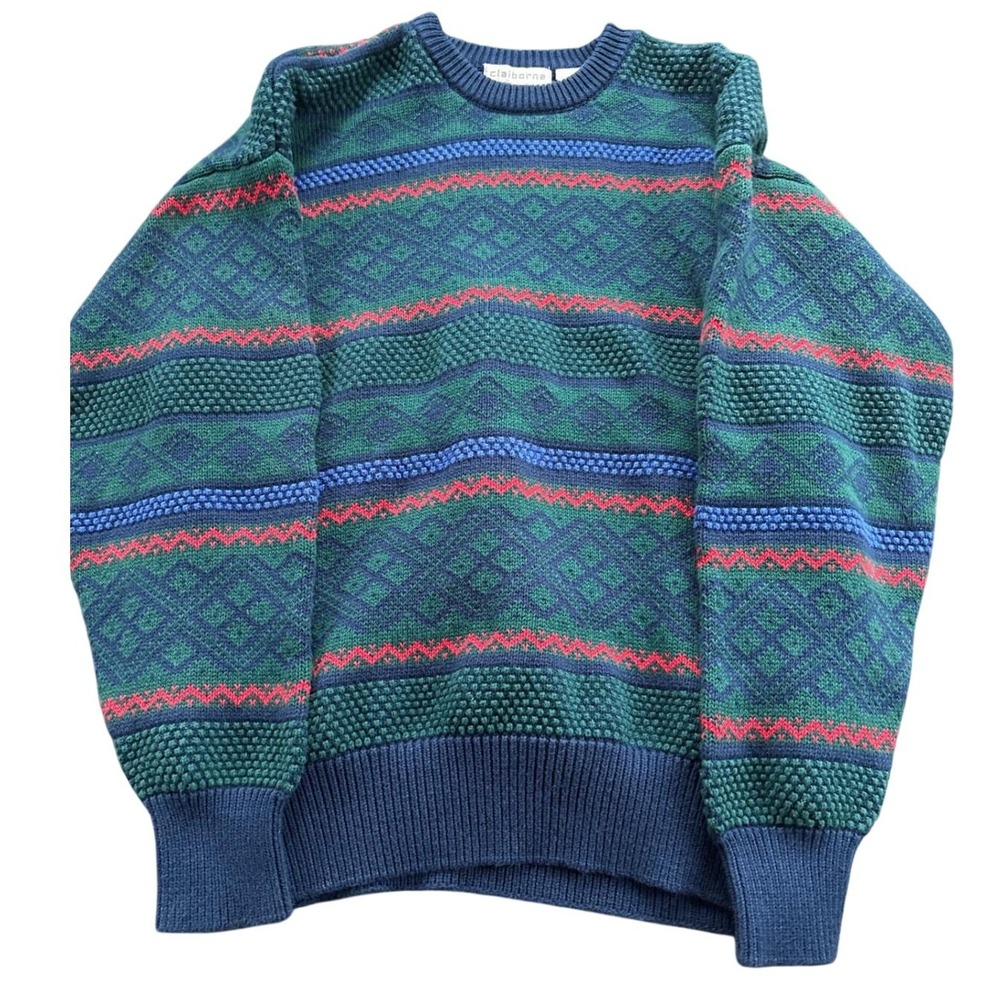 Claiborne Mens Geometric Pattern Crewneck Preppy Sweater Blue Green Red Size L
